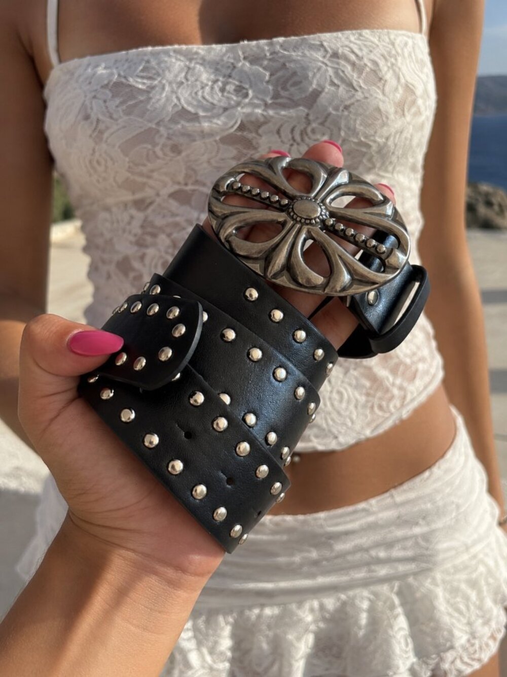 Black Faux Leather Studded Belt with Ornate Openwork Silver-Tone Buckle